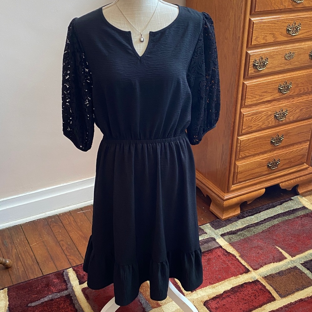 Amana Black Dress with Lace Sleeves Large
